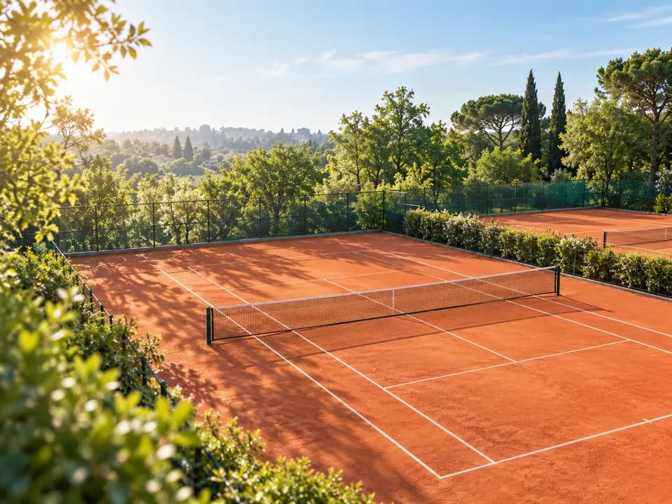 Clay courts among trees, seen from above