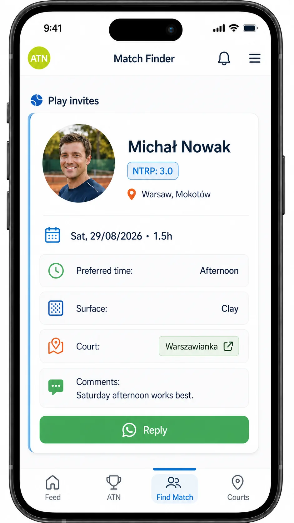 Find a tennis partner at your level in Warsaw